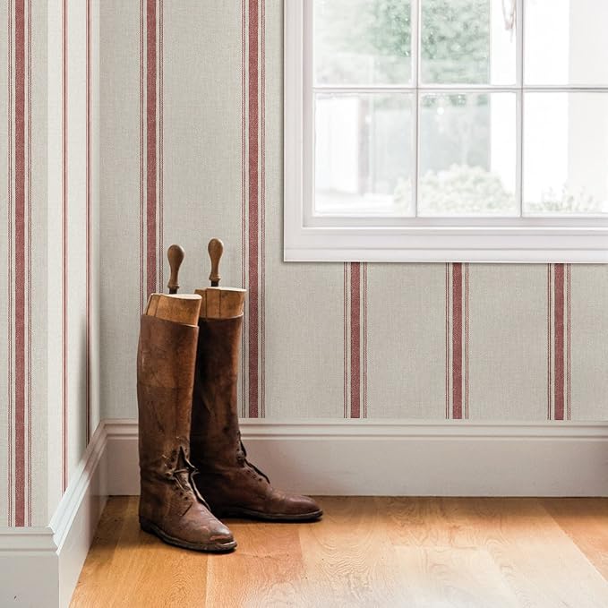 Chesapeake 3115-12464 Linette Burnt Sienna Fabric Stripe Wallpaper, Burnt Sienna
