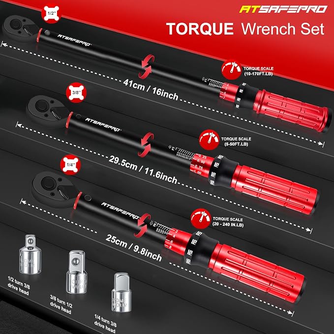 Torque Wrench Set,1/4 3/8 1/2-inch Drive Torque Wrench-20-240 in.lb,5-50 ft.lb,10-170 ft.lb,72-Tooth Dual Range Scales and Dual-Direction Adjustable Torque Wrench for Bike, Moto and Car Maintenance
