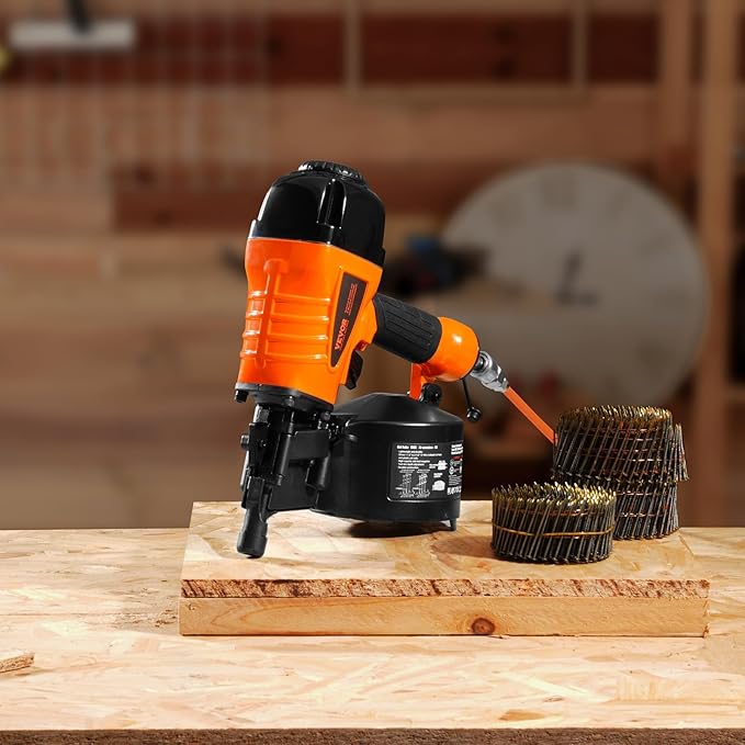 VEVOR Coil Siding Nailer CN65, 1-1/4" to 2-1/2" 15 Degree Pneumatic Siding Nail Gun with Tool-Less Depth Adjustment, 70-120PSI Air Coil Nailer for Siding, Pallet Sheathing, Wooding, Fencing, Decking