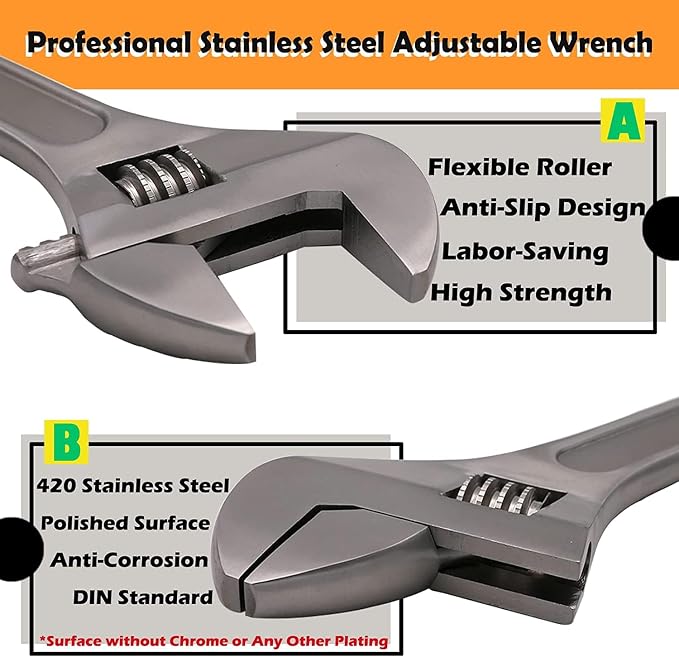 WEDO 2PCS Adjustable Wrench Set 4",6",Stainless Steel | Wide Jaw Spanner,Professional Spanner,Precision Jaws,Corrosion Resistant,For Automotive,Home and Plumbing Repairs