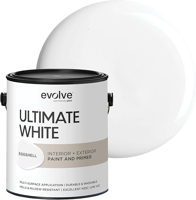 EVOLVE Ultimate White Paint & Primer in One, Eggshell White, 1 Gallon – Interior & Exterior, One-Coat Coverage, Excellent Hide, Low Odor, Low VOC, Washable Paint for Walls, Ceilings & Trim