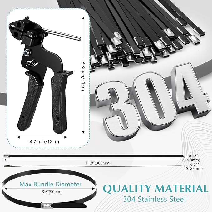 LEIFIDE Stainless Steel Cable Tie Gun Set 200 Pcs 11.8 Inch Heavy Duty Metal Zip Tie Adjustable Fastening Cutting Tool for Outdoor Exhaust Wrapping Fence Workshop (Black)