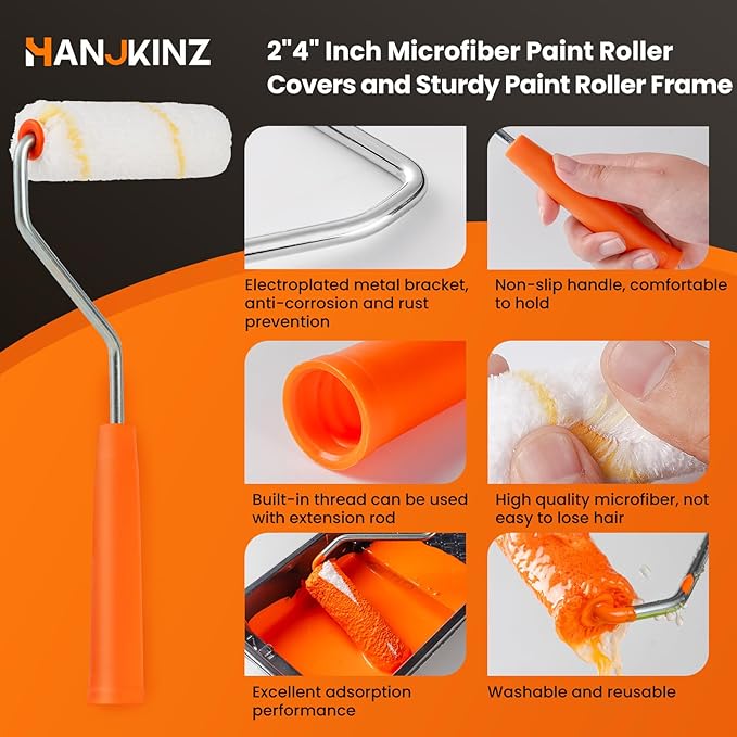 50 Pack Microfiber Paint Roller, 2 Inch and 4 Inch Small Paint Roller Covers, 3/8 Inch Nap, Mini Paint Rollers for House Painting with Paint Roller Frame, Wall Painting Tool