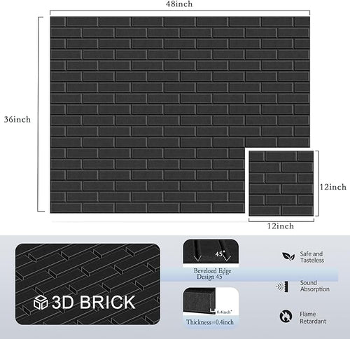12Pack Acoustic Panels, 12"×12"×0.4" Self-Adhesive 3D Brick Pattern Sound Proof Panels for Walls, Decorative Sound Dampening Wall Panels for Recording Studios, Offices, Home, Black