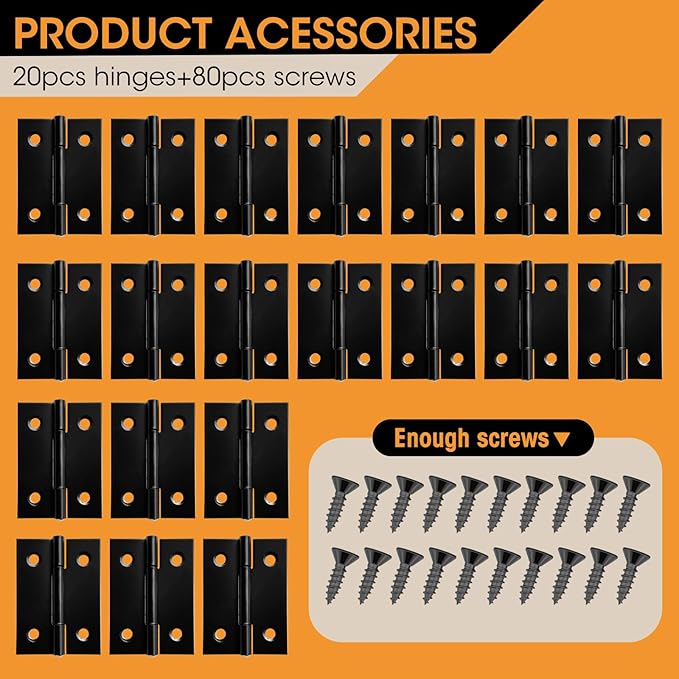 20 PCS 2 inches Black Cabinet Door Hinge Stainless Steel Butt Hinges Home Furniture Hardware Bisagras for Door, Window, Case Lid, Wooden Box Chest with 120 Mounting Screws, Black