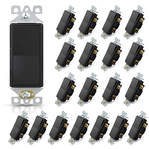 ELEGRP 3 Way Decorative Light Switch, 15Amp, 120-277 Volt, AC Decorator Rocker Paddle Wall Switch Replacement, Self-Grounding, Residential and Commercial Grade, UL Listed (20 Pack, Glossy Black)