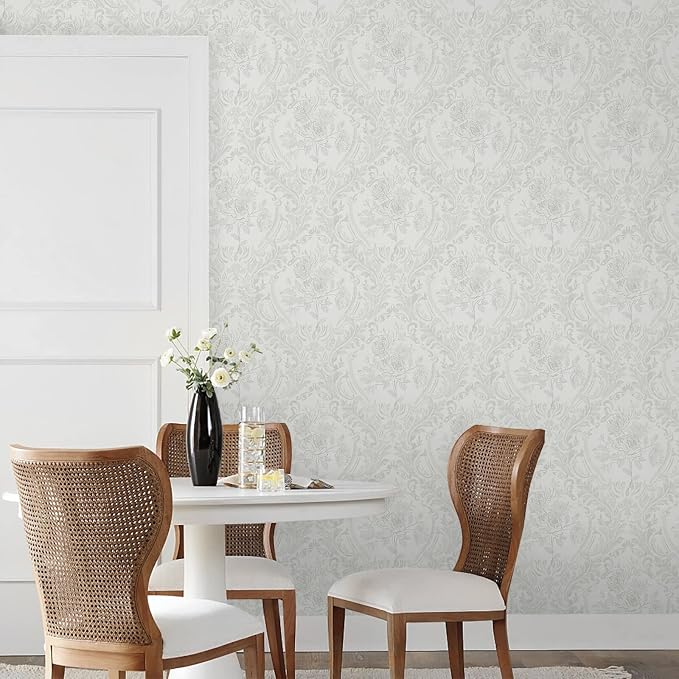 Ismoon Floral Peel and Stick Wallpaper Grey Contact Paper Boho Watercolor Damask Wallpaper Vintage Textured Removable Self Adhesive Vinyl Wall Paper Renter Friendly, 17.3 in X 32.7 ft