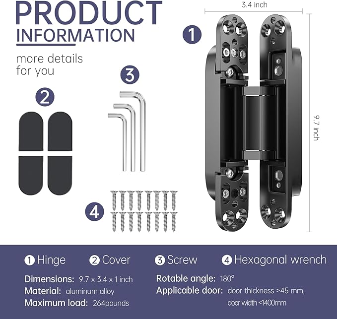 9.7" 2 pcs Hidden Hinges for Doors Invisible Hinge Concealed Hinges Zinc Alloy 180 Degree Swing Hinge 3 Way Adjustable Butt Silent Door Hinges 9.7 x 3.3 x 1inch (Black 10 inches)