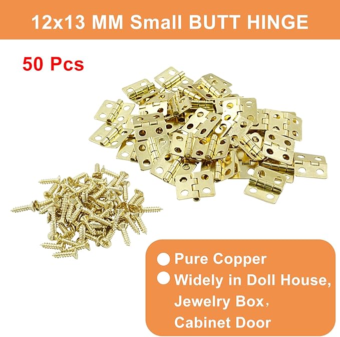 50 Mini Hinges, 0.47"x0.51", Iron Butt & Bronze, Doll House DIY Hinges for Mini Cabinet & Wooden Box