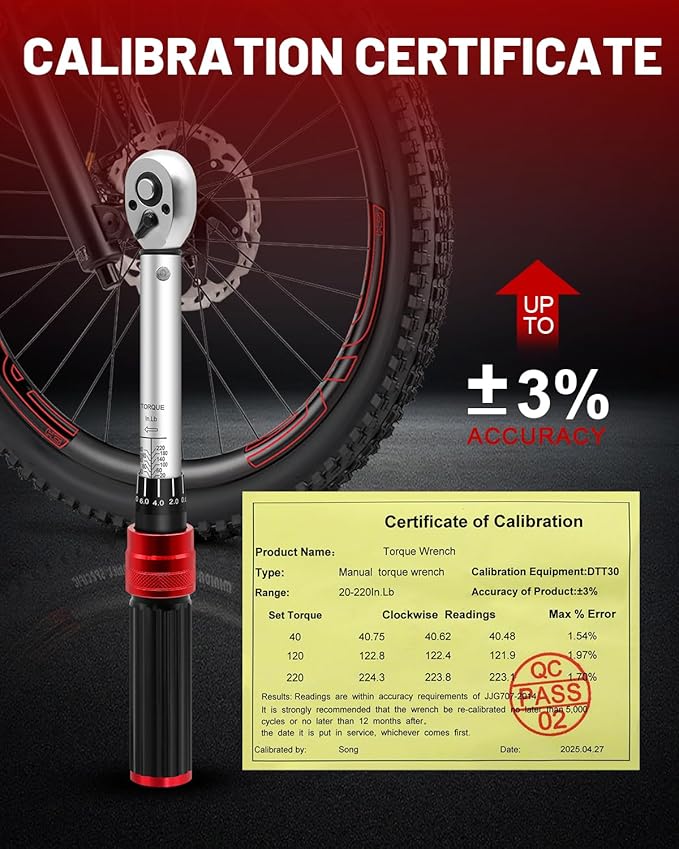 1/4inch Drive Torque Wrench Set, 32-Piece 20-220 in.lb (2.3-25 Nm) Click Bicycle Torque Wrench with Bit Sockets, 0.1 Nm Micro, 72-Tooth Ratchet, 3/8 Adapter, for MTB, E-Bike, Motorcycle