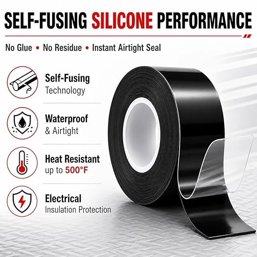 Self-Fusing Silicone Tape 1" x 33' x 20mil – Black Rubber Emergency Repair Tape – Waterproof, Heat-Resistant, Insulating, Chemical-Resistant, No Residue – for Automotive, Electrical & Outdoor Use