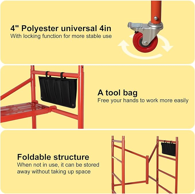 LEADALLWAY Portable Rolling Scaffolding Platform 4 Foot High Mobile Baker Scaffolding 770 LBS Capacity with Locking Wheels and Tool Bag, Red