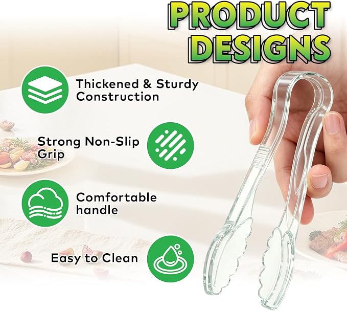 24 Pack Plastic Tongs for Serving, 9 Inch Heavy Duty Hard Plastic Serving Tongs with Scalloped Tips, Reusable or Disposable Serving Utensils for Buffets, BBQ, Bakery, Parties & Catering