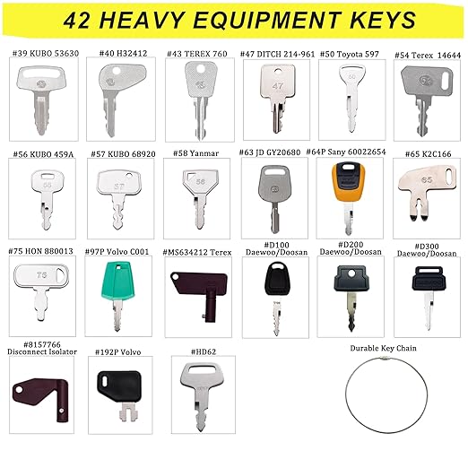 42 Heavy Equipment Keys Master Set, Construction Machine Operator Ignition Key Set for Caterpillar Bobcat JD Case JLG JCB Volvo Hyster Ford New Holland Yanmar Takeuchi Kubota Komatsu Toyota Hitachi