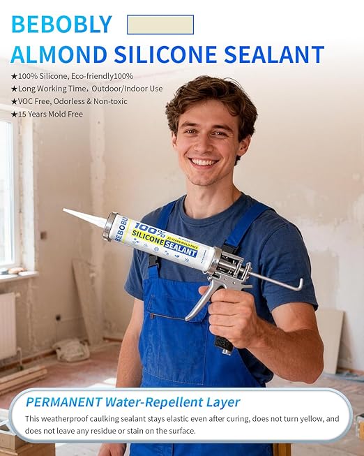Silicone Caulk & Sealant Almond, 100% Waterproof Silicone Sealant, Shrink & Crack Proof, Silicone Caulking for Kitchen, Bathroom, RV, Interior & Exterior Use, 10.2 FL. OZ/300ML, 1 Pack