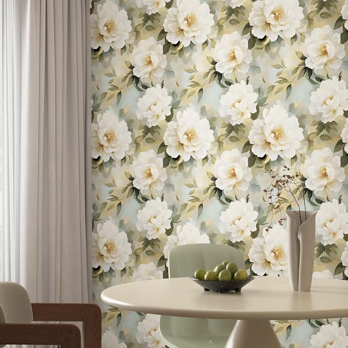 White Floral Wallpaper Peel and Stick,Beige/Green Peony Contact Paper,Oil Painting Watercolor Large Flower Wall Paper Self Adhesive Waterproof Removable for Bedroom Shelf Cabinet Drawer 17.5" x 118"
