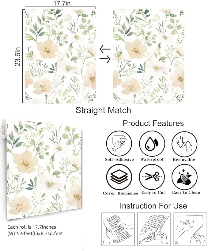 Floral Peel and Stick Wallpaper 17.7in x 70.8in | Watercolor flower removable self adhesive design for cottagecore bedroom accent walls