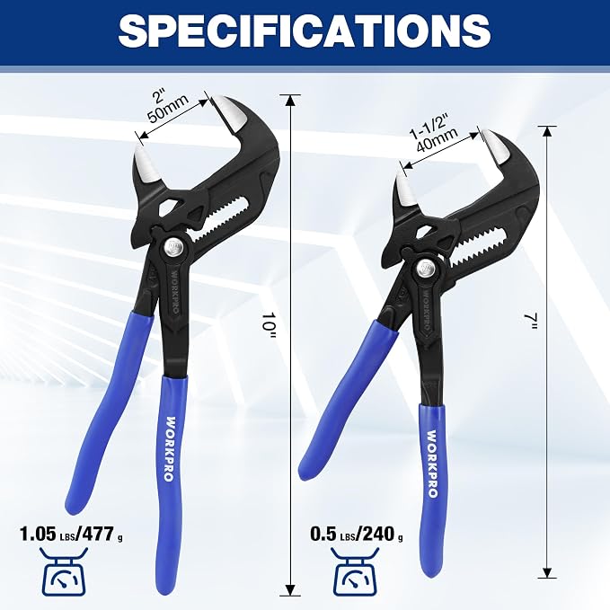WORKPRO Pliers Wrench Set, 7 & 10-Inch CR-V Construction Wrench Pliers | High Lever Ratio Parallel Smooth Jaw Pliers, Push-Button Quick Adjust, Groove Lock Mechanism for Plumbing, Automotive & DIY
