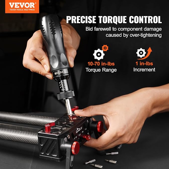 VEVOR 1/4" Drive Screwdriver Torque Wrench with Scale, 10-70 in/lbs Torque Range, 1 in-lbs Torque Increment Torque Screwdriver with Bits & Case