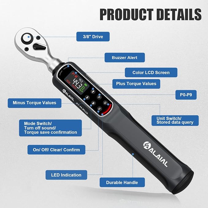 Digital Torque Wrench 3/8 Drive, 0.7-44.3 Ft.Lb ±2% Accuracy | LED Display, Buzzer&Vibration Alert, 2 Modes, 10 Presets&500 Data Logs, for Lug Nuts, Automotive, Motorcycle Repair