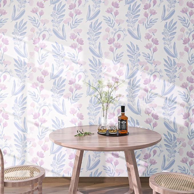 Floral Peel and Stick Wallpaper, Purple, 17.7"x393" | Self-Adhesive, Vinyl, Removable, Boho Contact Paper, Flower Wall Paper for Bedroom, Living Room, Bathroom