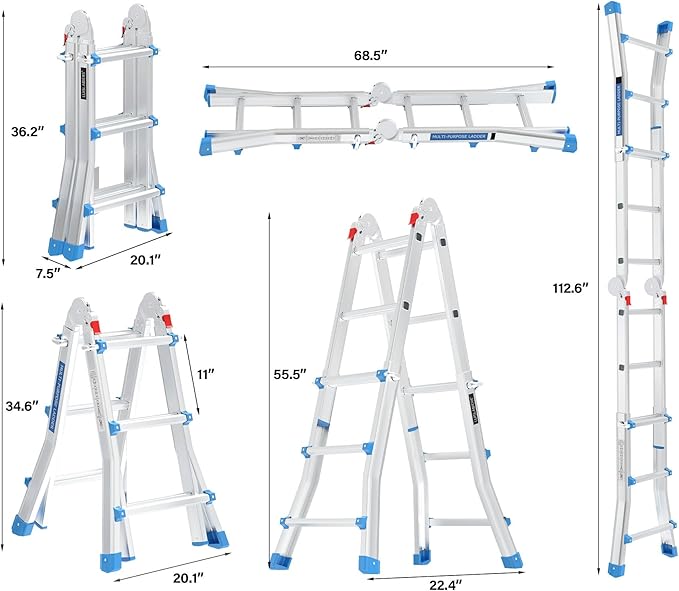 LUISLADDERS Ladder, A Frame Step Ladder Telescoping Ladder, Muti Position Folding Ladder Flared Leg & Wheels Design, 330 lbs Capacity Extension Ladder for Household Outdoor Work (13 FT)