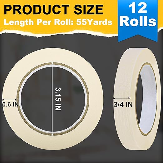 Masking Tapes Bulk 3/4 Inch 12 Packs White Painters Drafting General Using Tapes for Painting, Craft Art, Label, Packing, Office, School, Home, 0.75 Inch x 55 Yards x 12 Rolls (660 Total Yards)