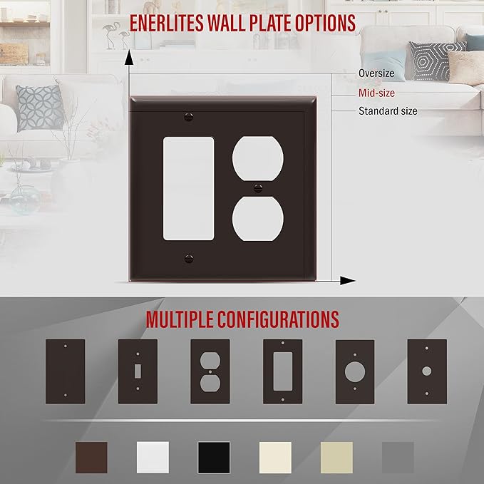 ENERLITES Combination Duplex Receptacle Outlet/Decorator Switch Wall Plate, Mid-Size 2-Gang 4.88" x 4.92", Polycarbonate Thermoplastic, 882131M-BR, Brown