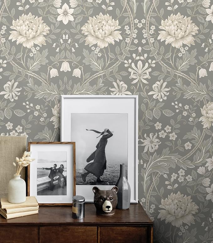 NextWall Honeysuckle Trail Floral Peel and Stick Wallpaper (Daydream Grey)