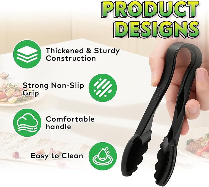 24 Pack Plastic Tongs for Serving, 9 Inch Heavy Duty Hard Plastic Serving Tongs with Scalloped Tips, Reusable or Disposable Serving Utensils for Buffets, BBQ, Bakery, Parties & Catering