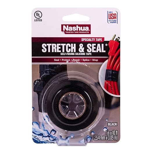 Nashua Self-Fusing Rubber Stretch and Seal Tape, 20 mil Thick, 10' Length, 1" Width, Black