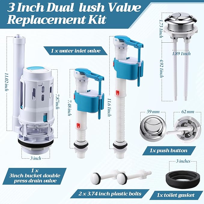 Ganeen 3 Inch Dual Flush Valve Replacement Universal Toilet Tank Replacement Kit with Top Push Button Toilet Fill Valve Bowl Gasket Plastic Bolts Inside Tank Parts Flusher Repair for Easy to Install