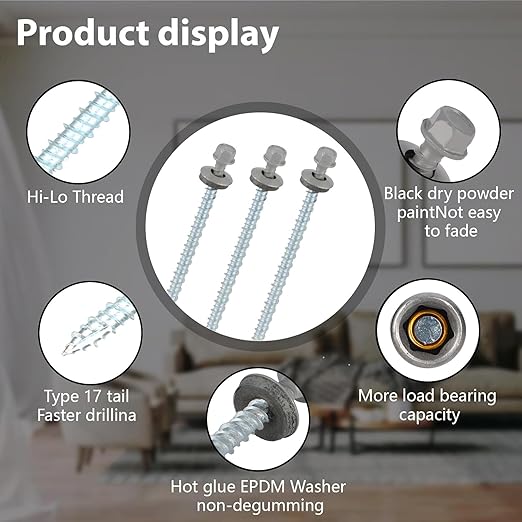 Metal Roofing Screws 10 x 3 inch, Gray Hex Head Sheet Metal Roof Screw with EPDM Washer for Corrugated Roofing (250Pcs)