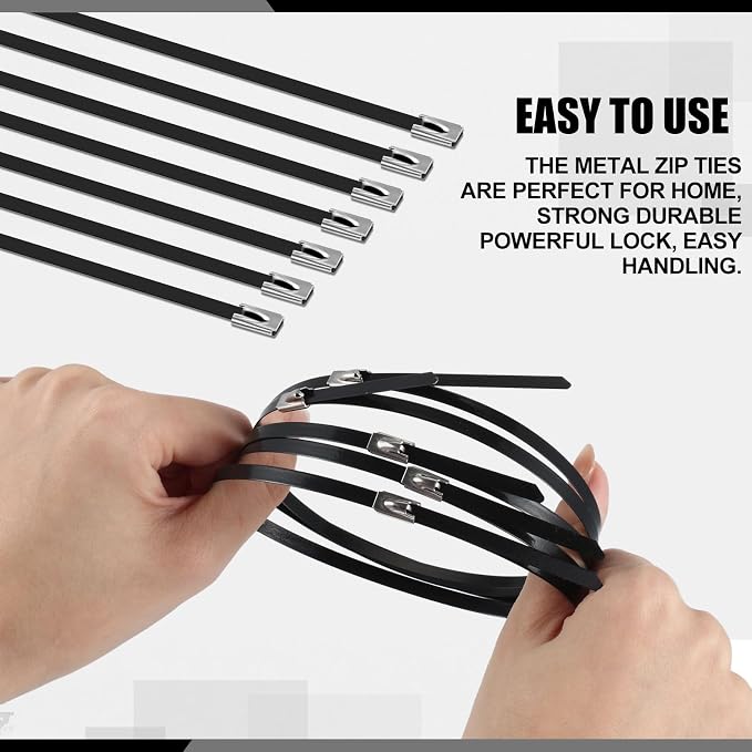 Pelopy 300 Pcs 6", 10", 14" Metal Zip Ties Black 304 Stainless Steel Zip Ties Epoxy Coated Tie Heavy Duty Cable Self Locking Cable Multi Purpose for Machinery Vehicles Exhaust Wrap Outdoor Fence Farms
