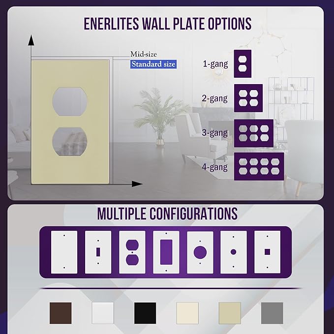ENERLITES Screwless Duplex Wall Plate, Child Safe Receptacle Outlet Cover, Standard Size, 1-Gang 4.68" x 2.93", Unbreakable Polycarbonate Thermoplastic, UL Listed, SI8821-I, Glossy, Ivory