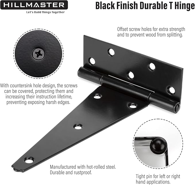 HILLMASTER 8 Inch T-Strap Heavy Duty Shed Door Hinges Gate Strap Hinges Black Tee Hinge Wrought Hardware for Wooden Fences,Yard,Barn Door,Rustproof (4 Pack)
