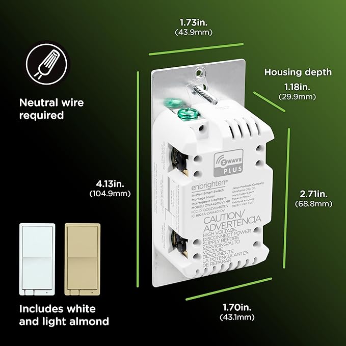 Enbrighten 800 Series Z-Wave On/Off Paddle Switch, Long Range 800LR, Quick Fit, Simple Wire, Direct 3-Way (No Add-On Switch Needed), Smart Hub Required, Compatible with Alexa, Google Home, 76591