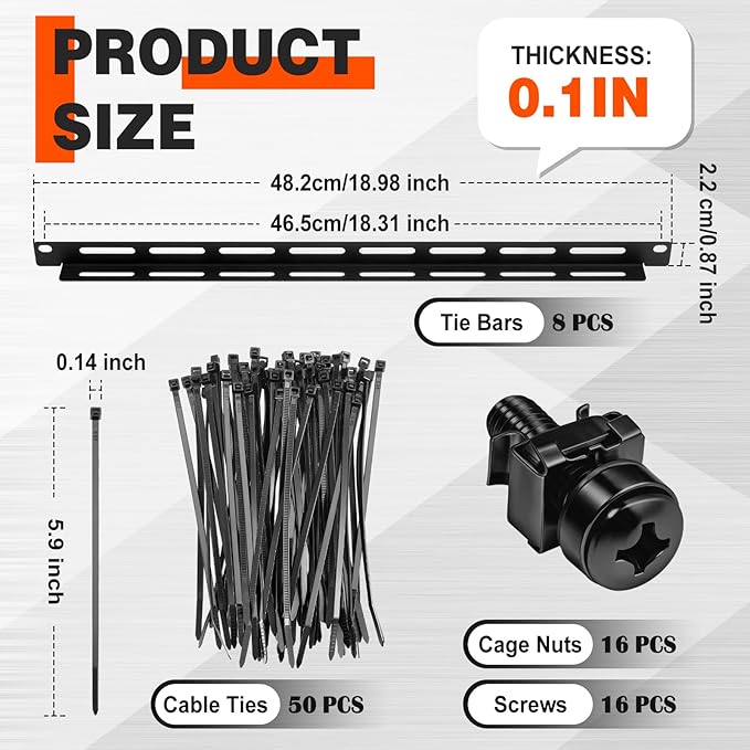Zonon 8 Sets 1u 19 Inch Server Rack Cable Management Tie Bar Kit Includes 8 Pack 1u Tie Bars, 50 Zip Ties, 16 Cage Nuts & 16 Screws Work with Open Frame Enclosure Network Cabinet Mount Wire Management