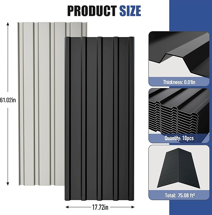 Brakki Metal Roofing Panels 10pcs 75 ft², L61.02"xW17.72" Black Corrugated Galvanized Steel Roof Panels with Screw, Heavy Duty Metal Siding Suitable for Garages Chicken Coop Sheds Stables Patio