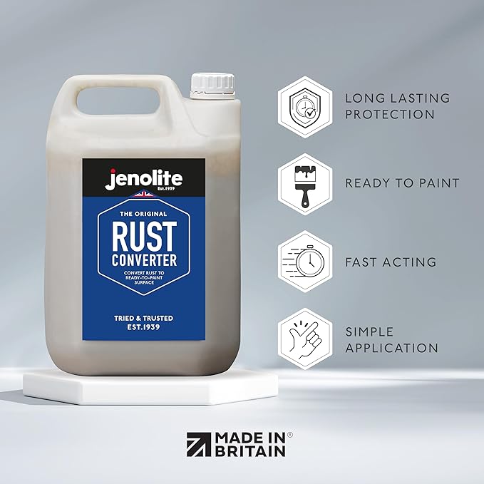 JENOLITE Rust Converter for Metal 5 L (1.32 Gallons). All In One Fast‑Acting Water‑Based Rust Reformer, Inhibitor & Primer. Converts Rust to a Paint Ready Surface. Made in Britain.
