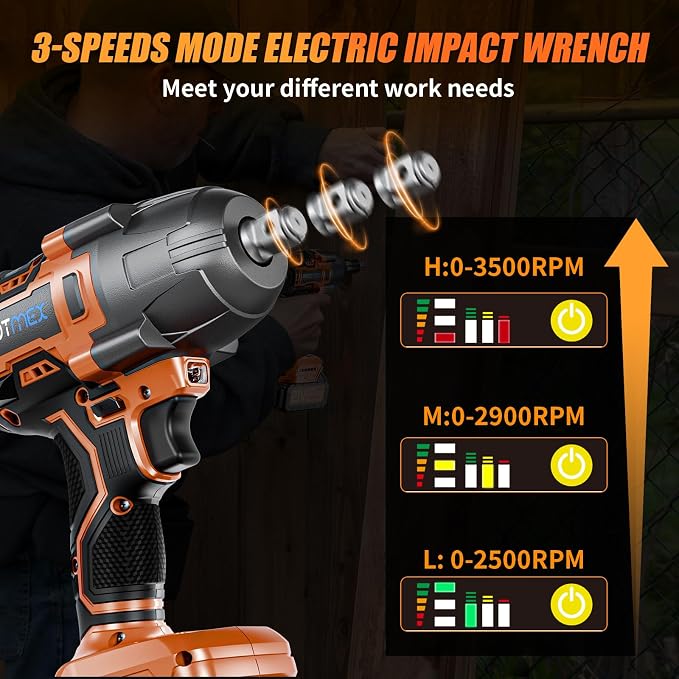 Cordless Impact Wrench, 900Ft-lbs (1200N.m) 1/2" Brushless Impact Gun, 21V High Torque Power Impact Driver, 2x4.0Ah Batteries Electric Impact Motor Variable Speeds for Car/Pickup Truck/Mower