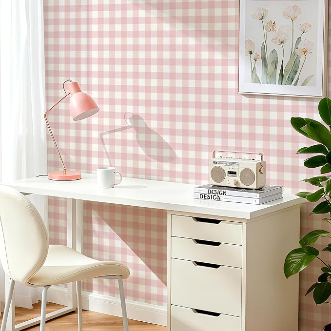 Plaid Wallpaper Peel and Stick, Pink, 17.7"x78.7" | Self Adhesive, Vinyl, Removable, Boho Contact Paper, Checkered Wall Paper for Bedroom, Living Room, Bathroom