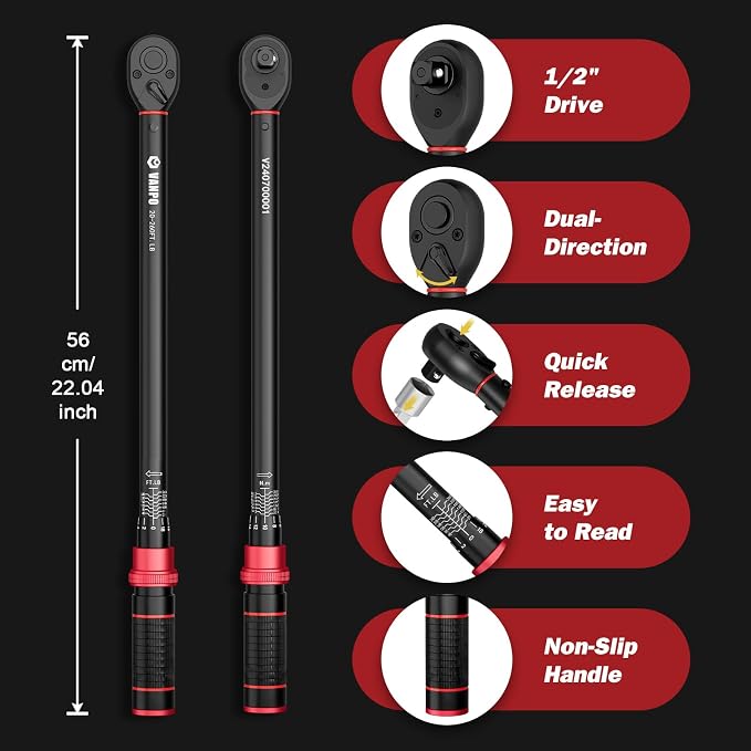 VANPO 1/2-Inch Drive Click Torque Wrench, 20-260 Ft-Lb, for Car & Truck | 27.1-352.3 Nm, 22.04", Dual Direction, 72 Tooth, Adjustment Torque Wrenches with 1/2" to 3/8" Adapter & 125mm Extension Bar
