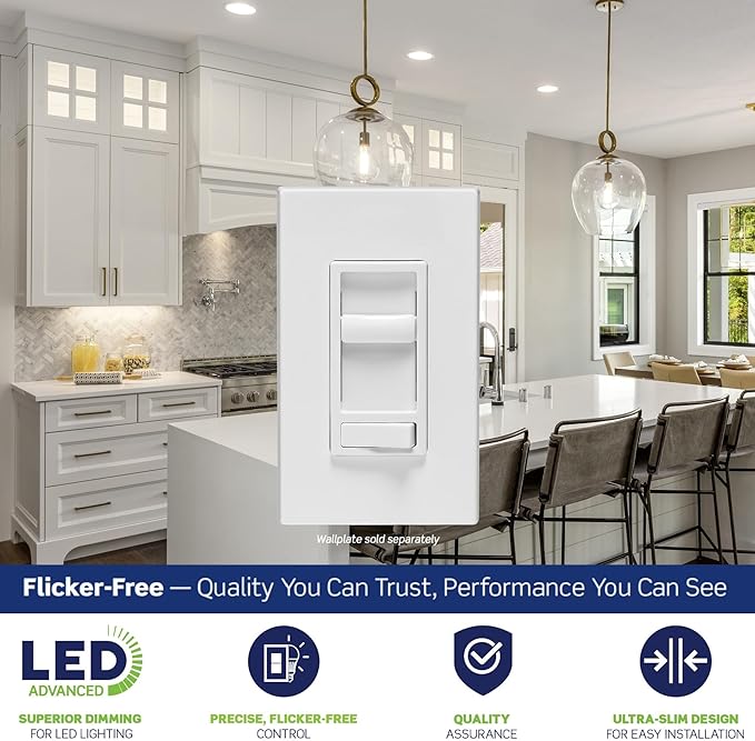 Leviton SureSlide LED Advanced Dimmer Switch for 150W Dimmable LED, Halogen and Incandescent Bulbs and Fixtures, 66741-W, White