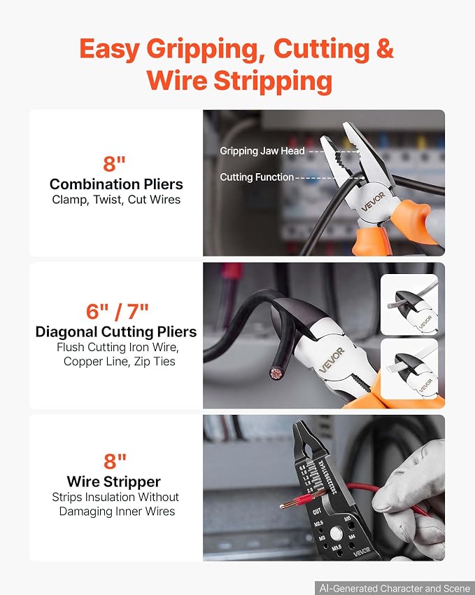 VEVOR Pliers Set 20-Piece Utility Set Polished Carbon Steel Jaw Hand Tools | For DIY & Home Use, Long Nose, Locking, Diagonal, Groove Joint, Snap Ring, Slip Joint Pliers, with 2-Pack Organizer Rack