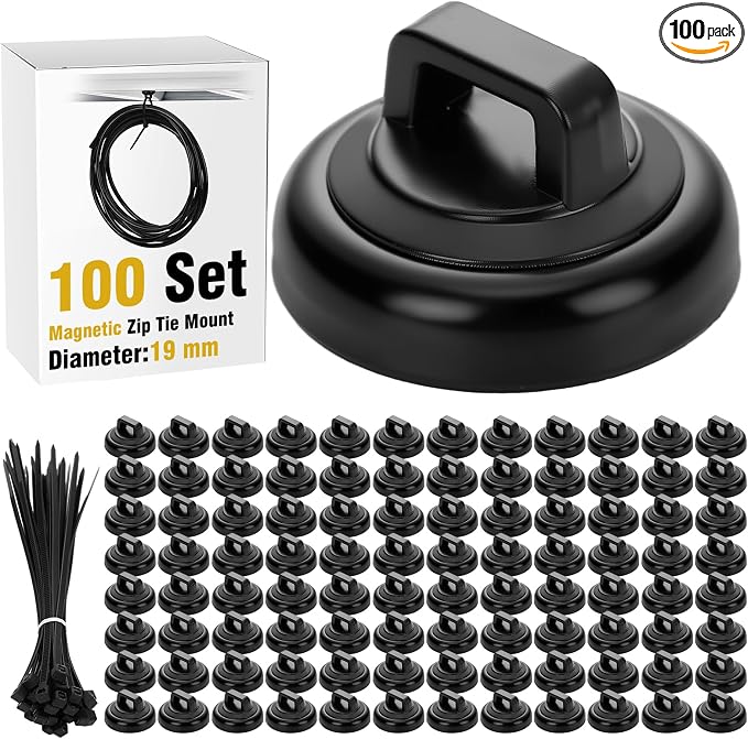 Leinuosen 100 Set Magnetic Zip Tie Mount and Nylon Cable Ties, 19 mm Multipurpose Wire Cable Holder Mount Wire Clips Management Electrical Organization Supplies