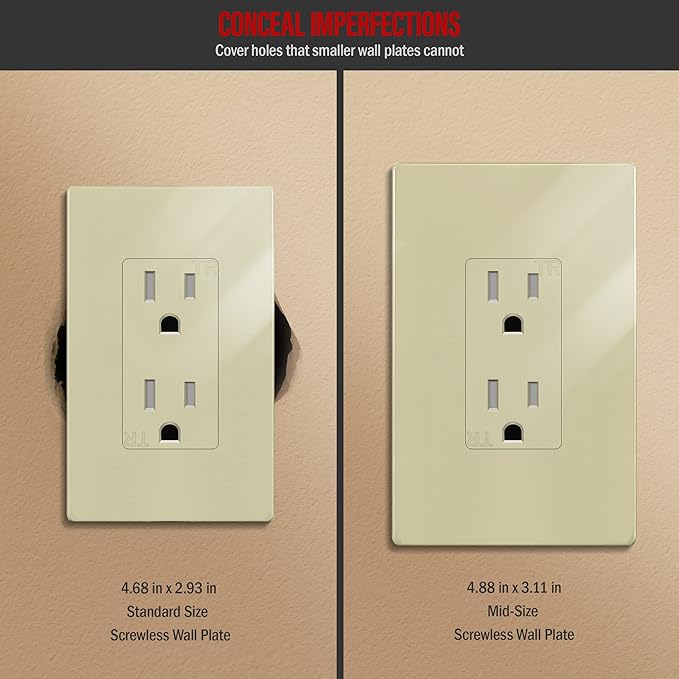 ENERLITES Screwless Decorator Wall Plate Child Safe Outlet Cover, Gloss Finish, Medium Size 1-Gang 4.88" H x 3.11" L, Unbreakable Polycarbonate Thermoplastic, SI8831M-I-10PCS, Ivory