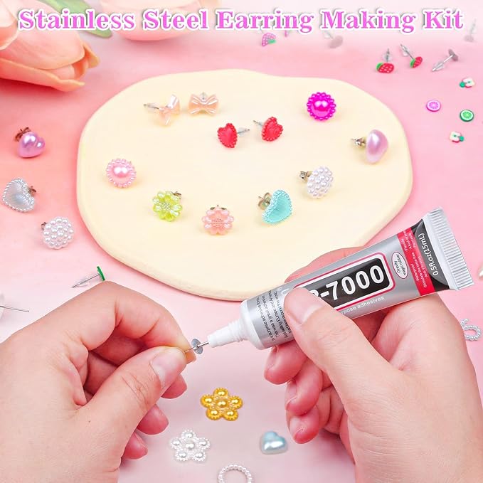 Anezus Jewelry Glue With 600pcs Stainless Steel Earring Posts and Backs - Hypoallergenic Blanks With Rubber Backs for Jewelry Making Supplies and Findings