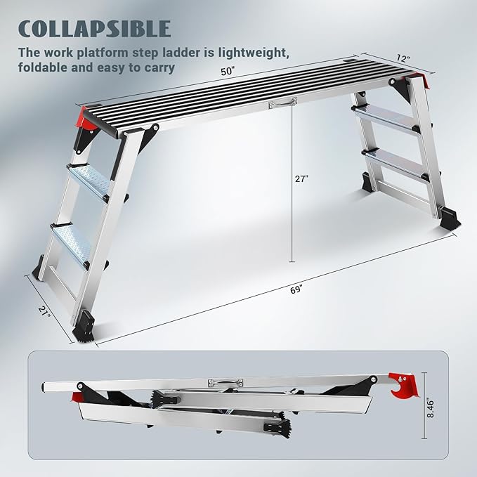 Work Platform Two Step Ladder, 50"×12"×27" Aluminum Platform, Heavy Duty Folding Work Bench Non-Slip 330 lbs Load Capacity for Washing Vehicles, Cleaning, Painting