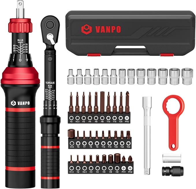 VANPO 49-Pc Torque Screwdriver & Wrench Set, 10-70In-lb & 1-12Nm Dual Range | with S2 Steel Bits & Sockets, for MTB Carbon Bikes, Firearm Optics, Scope Mounting & Professional DIY Repairs